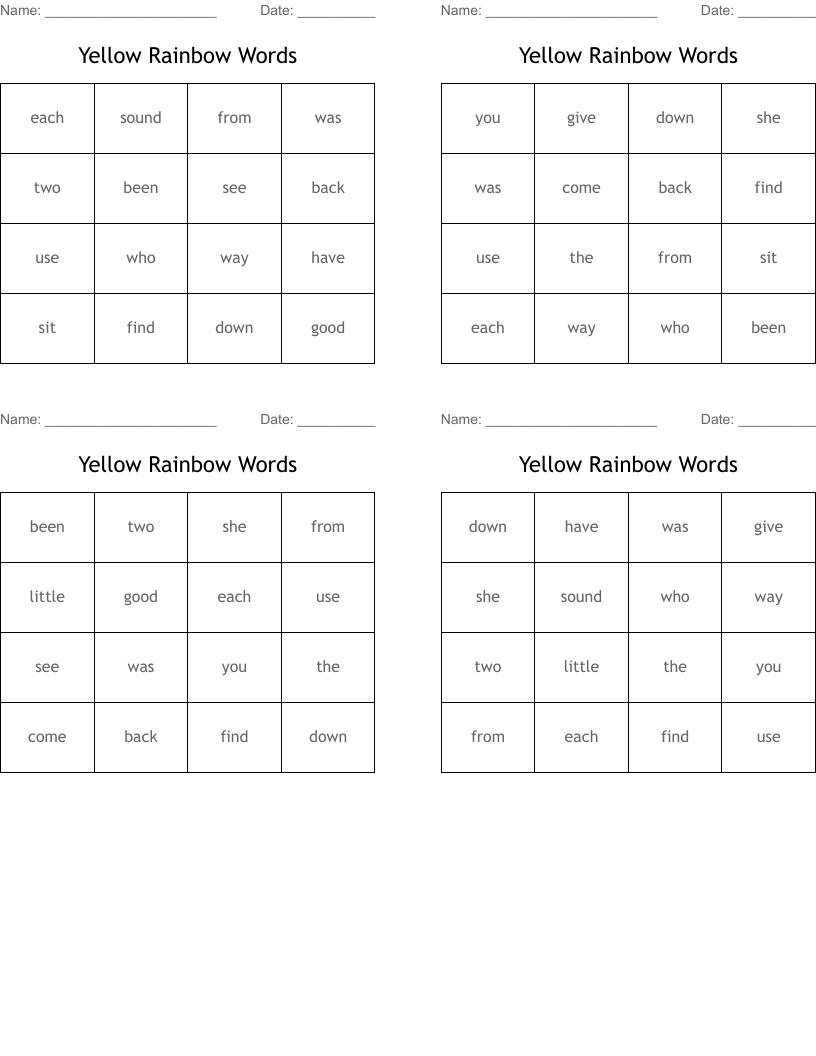 Yellow Rainbow Words Bingo Cards