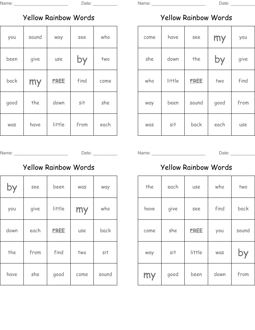 Yellow Rainbow Words  Bingo Cards