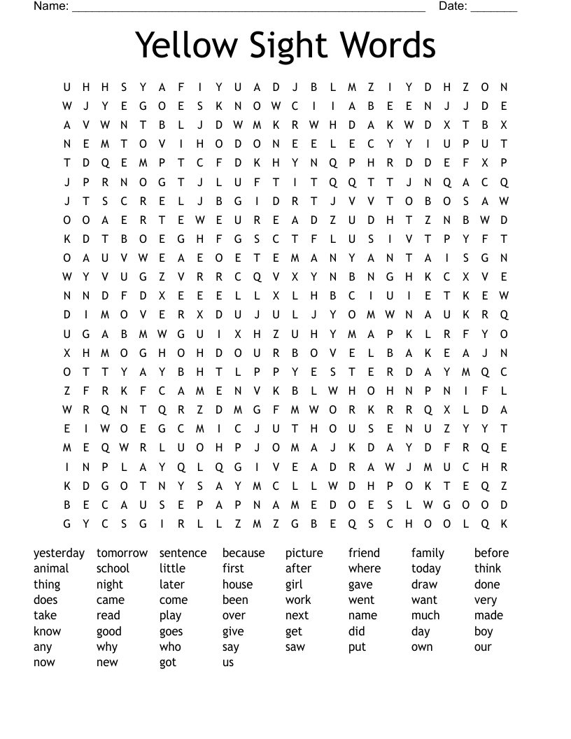Yellow Sight Words Word Search