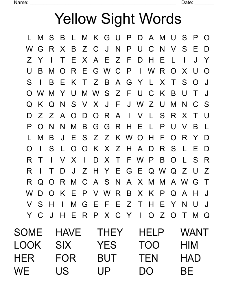Yellow Sight Words Word Search