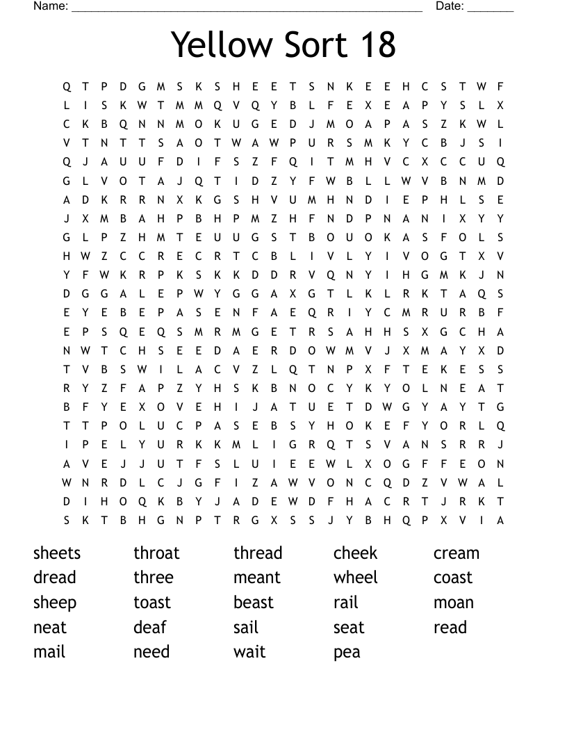 Yellow Sort 18 Word Search