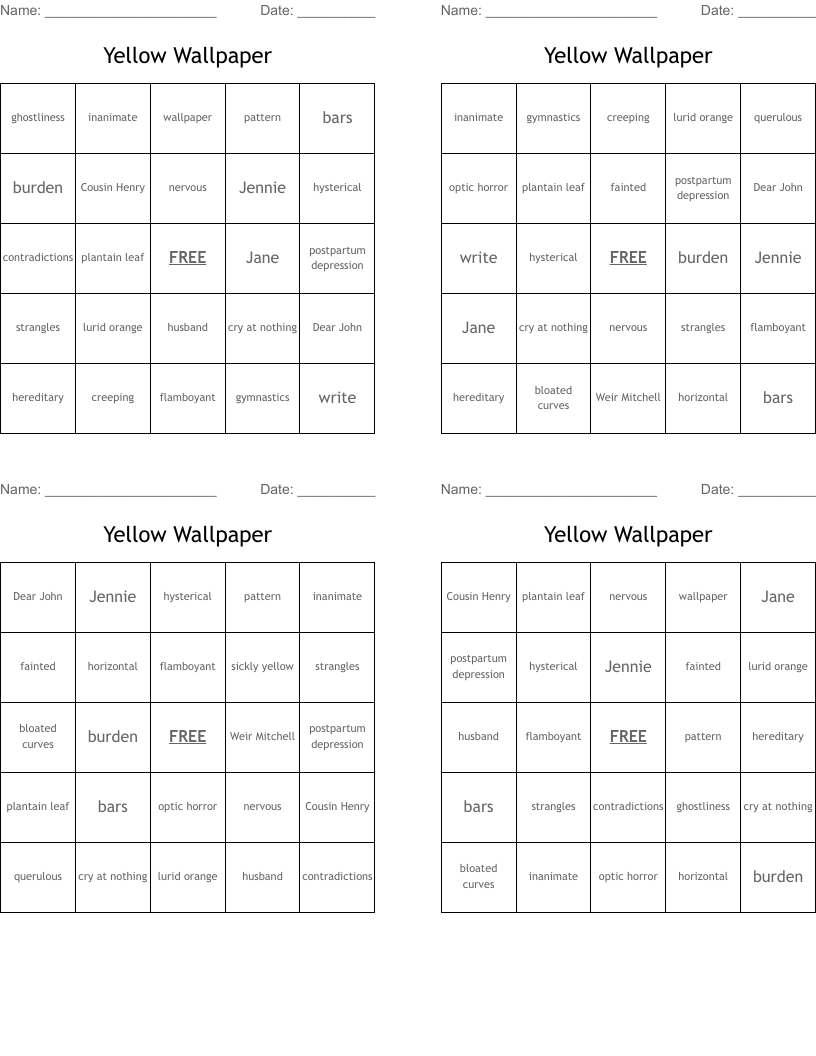 Yellow Wallpaper Bingo Cards