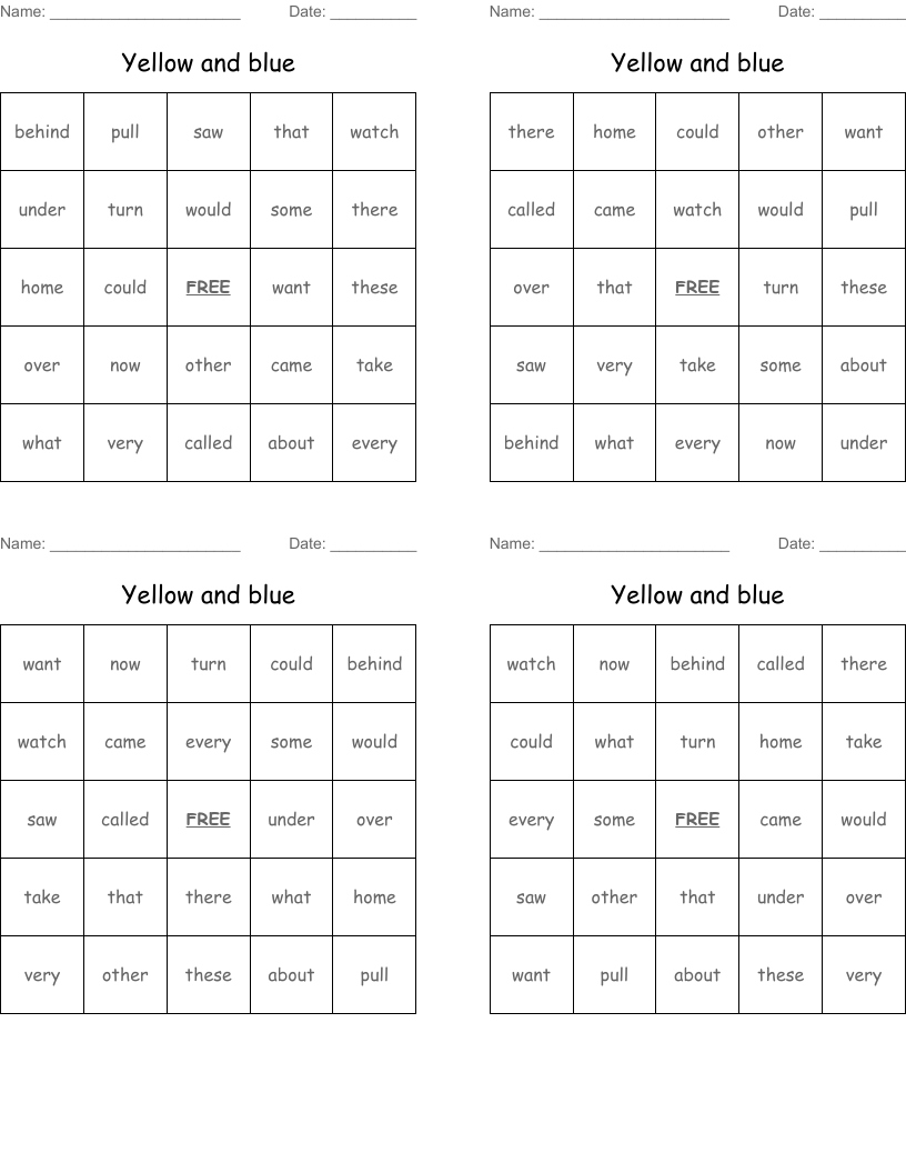 Yellow and blue Bingo Cards