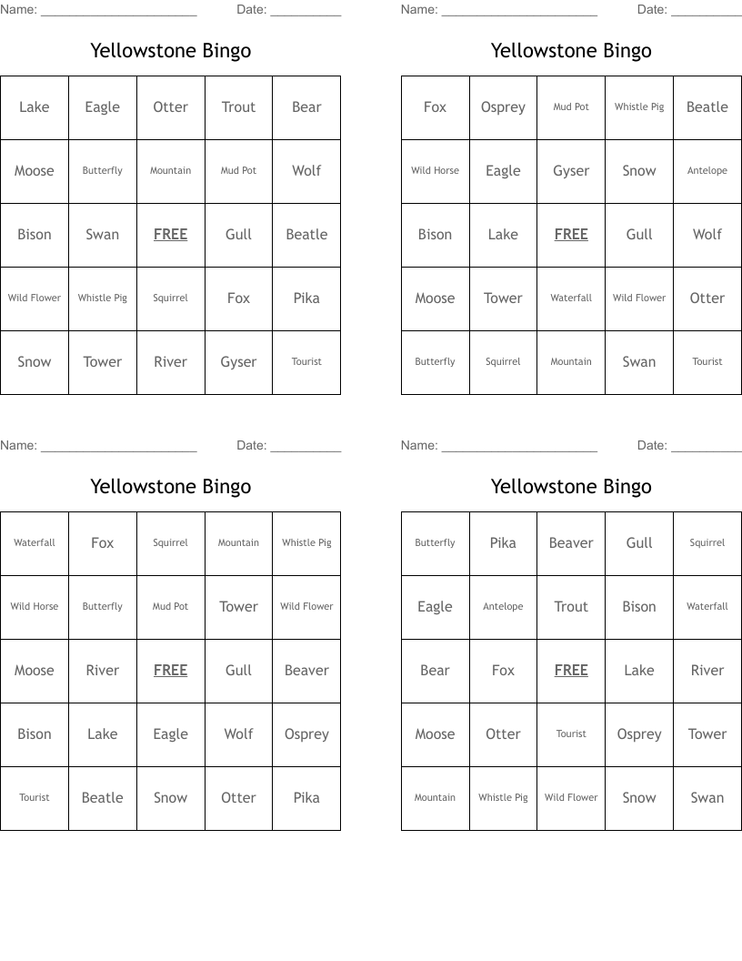 Yellowstone Bingo