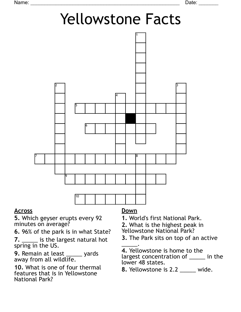 Yellowstone Facts Crossword