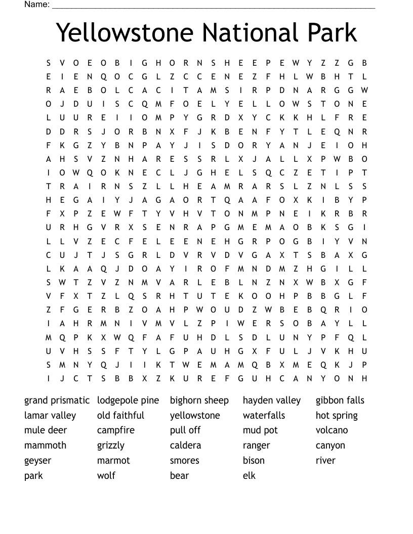 Yellowstone National Park Word Search