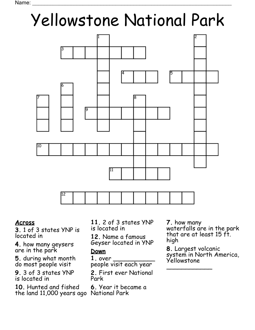 Yellowstone National Park Crossword