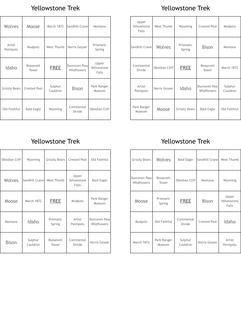 Yellowstone Trek Bingo Cards
