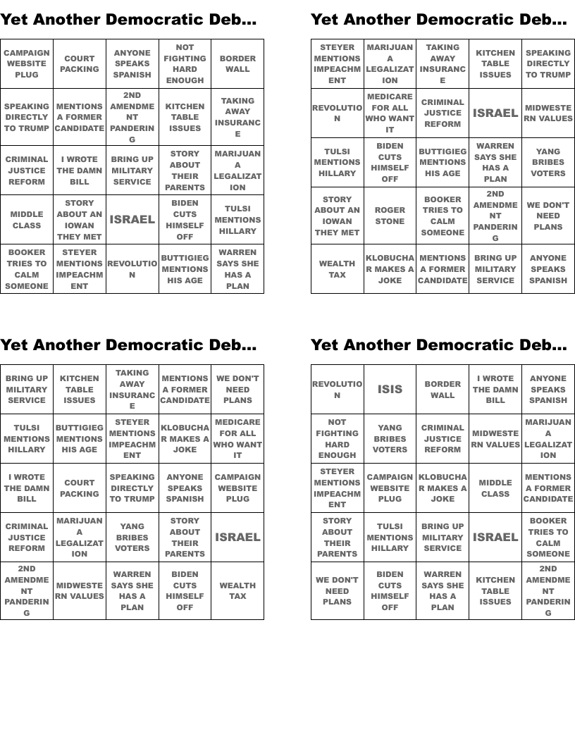 Yet Another Democratic Debate Bingo Cards