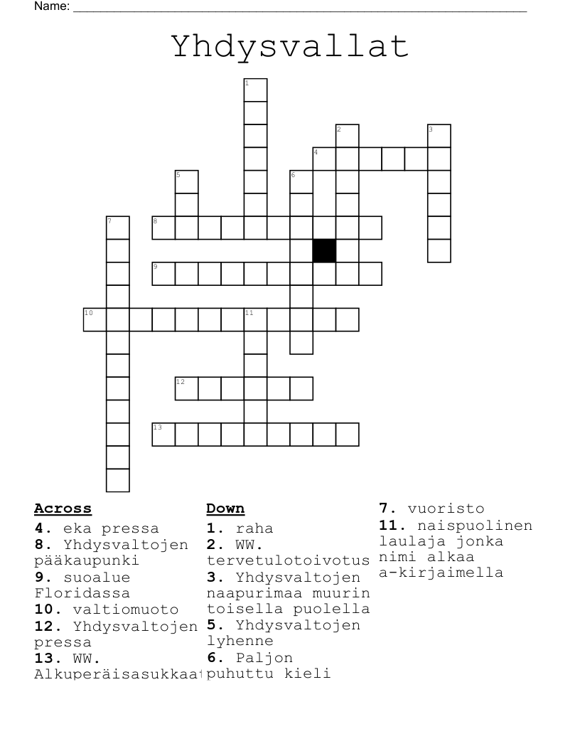 Yhdysvallat Crossword