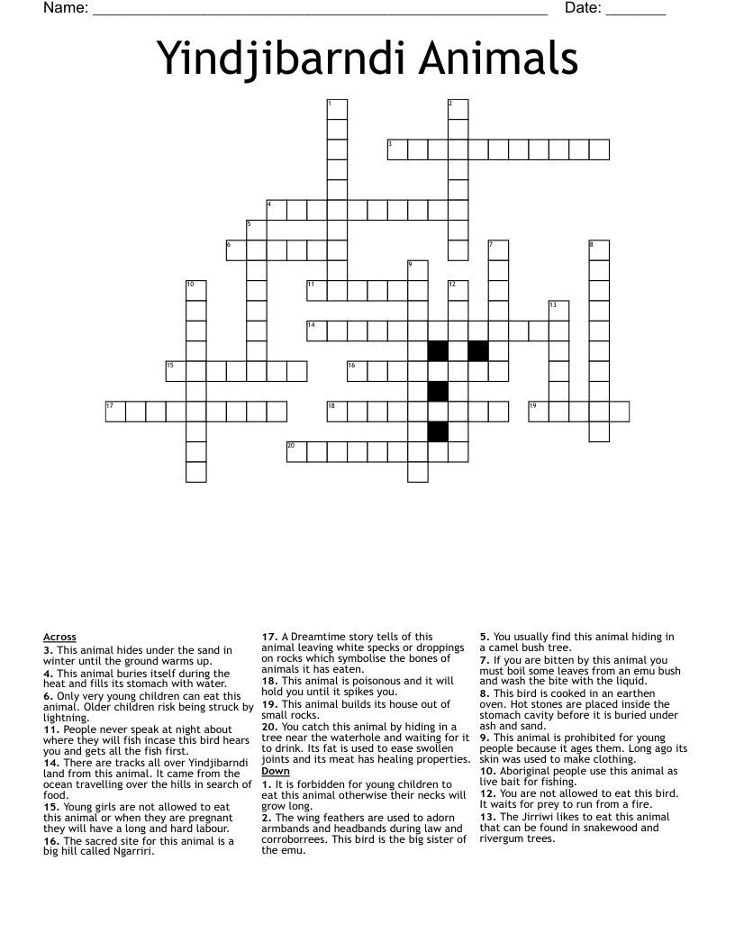 Yindjibarndi Animals Crossword