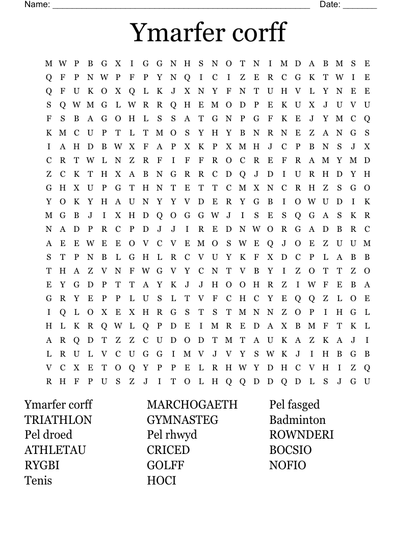Ymarfer corff Word Search