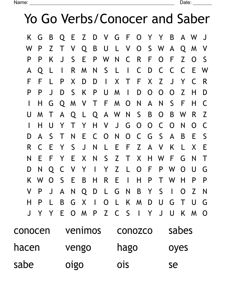 Yo Go Verbs/Conocer and Saber Word Search