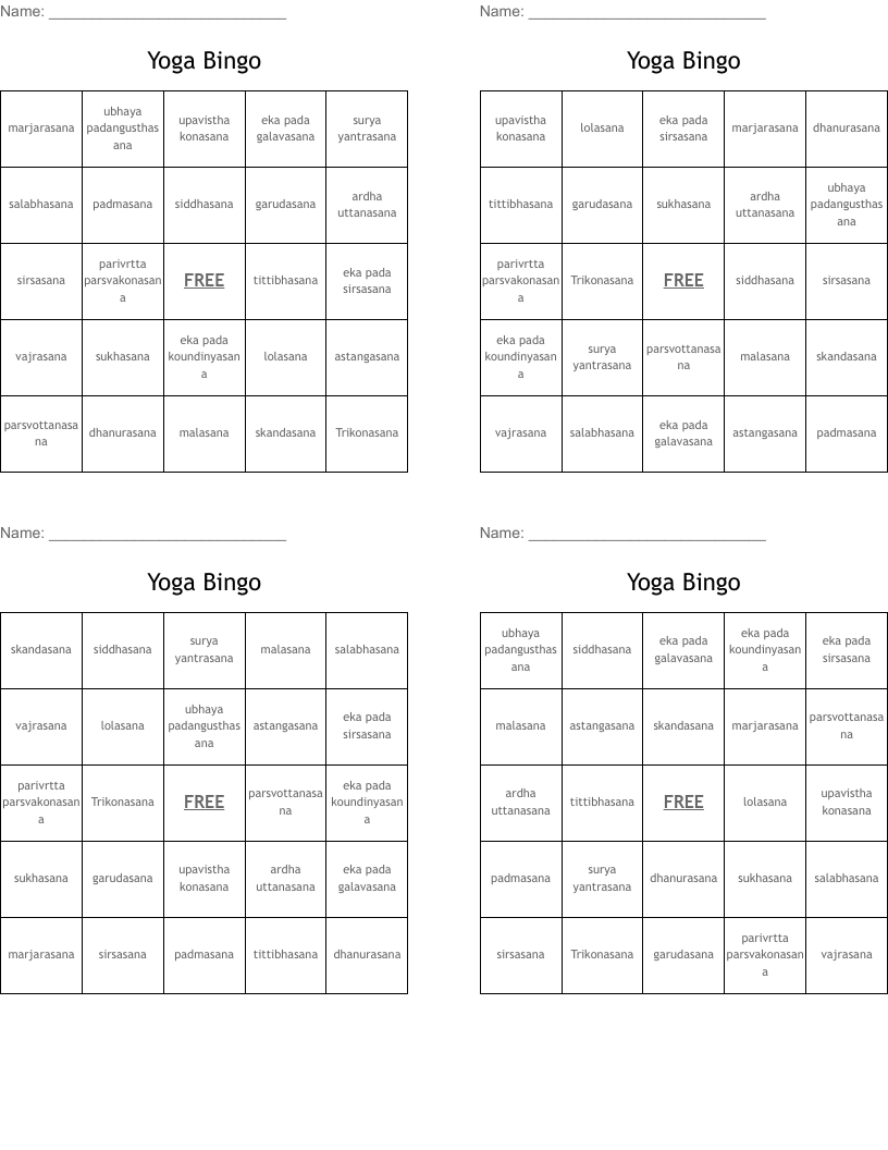 Yoga Bingo