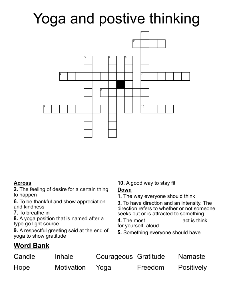 Yoga and postive thinking Crossword