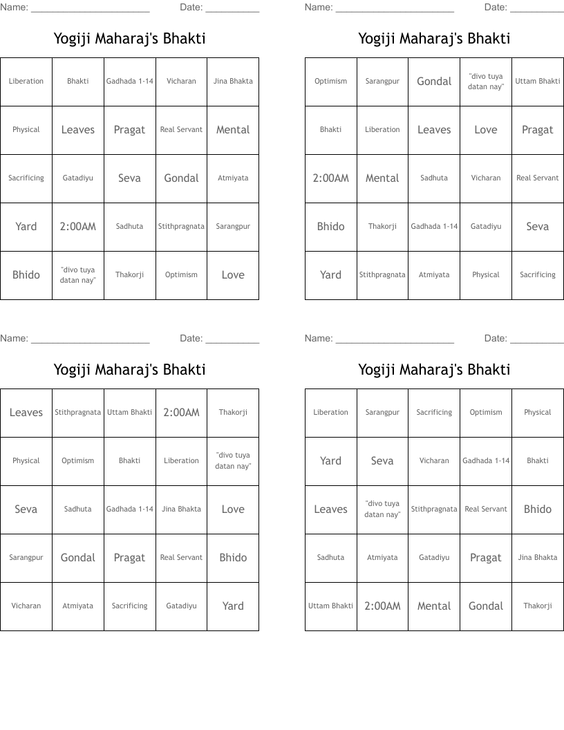 Yogiji Maharaj's Bhakti  Bingo Cards