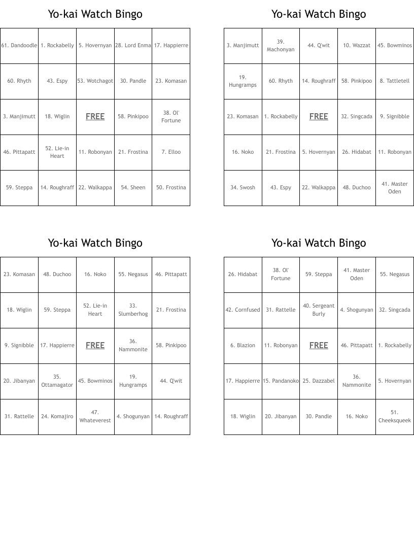 Yo-kai Watch Bingo