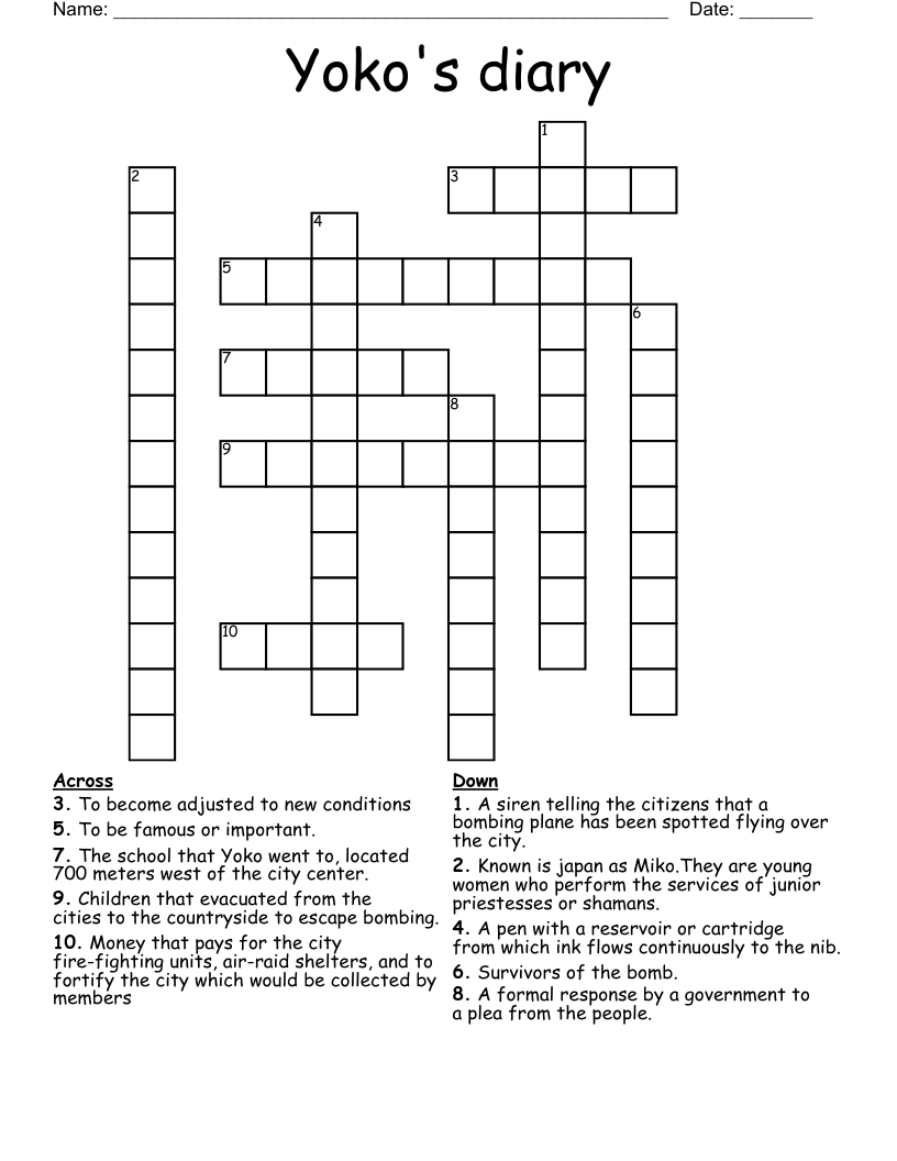 Yoko's diary  Crossword