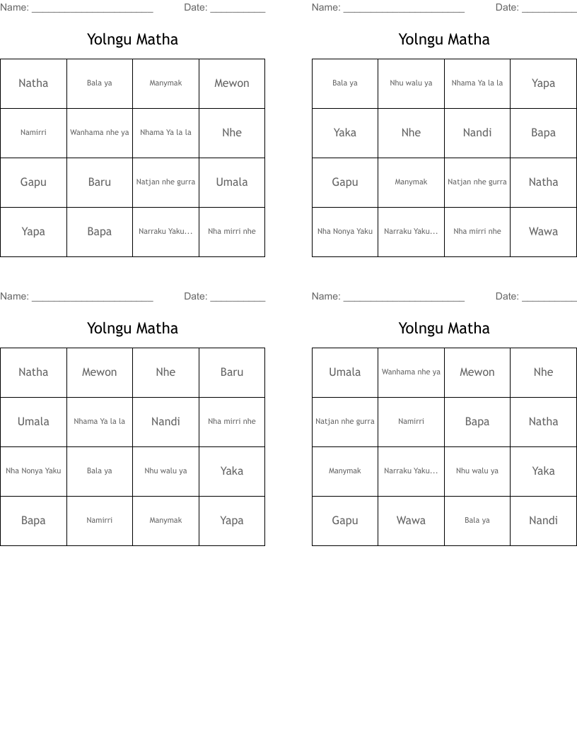 Yolngu Matha Bingo Cards