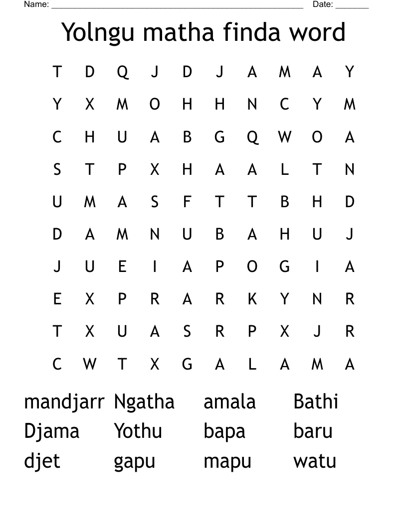 Yolngu matha finda word Word Search