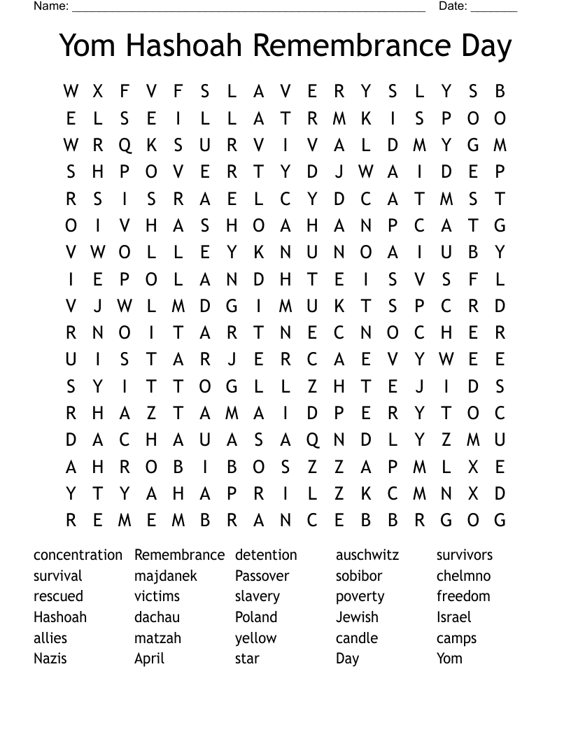 Yom Hashoah Remembrance Day Word Search