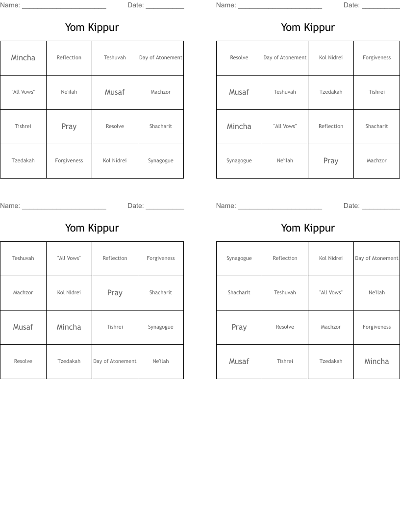 Yom Kippur Bingo Cards