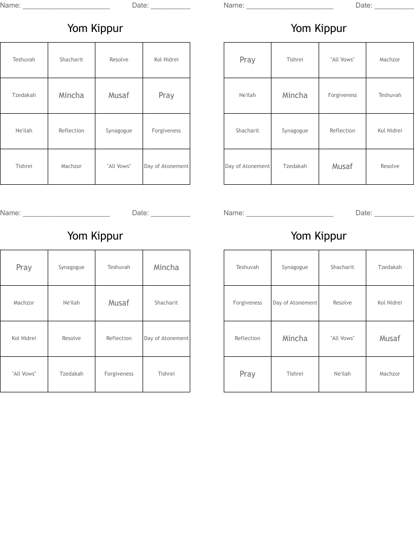 Yom Kippur Bingo Cards