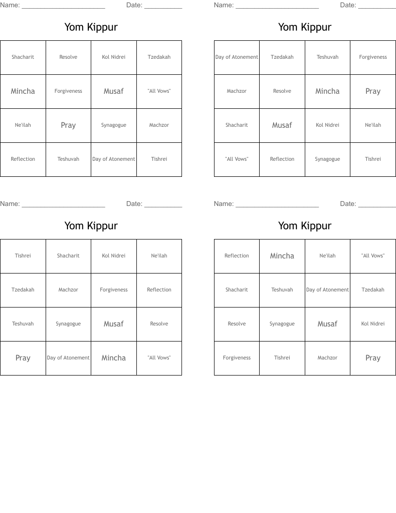 Yom Kippur Bingo Cards