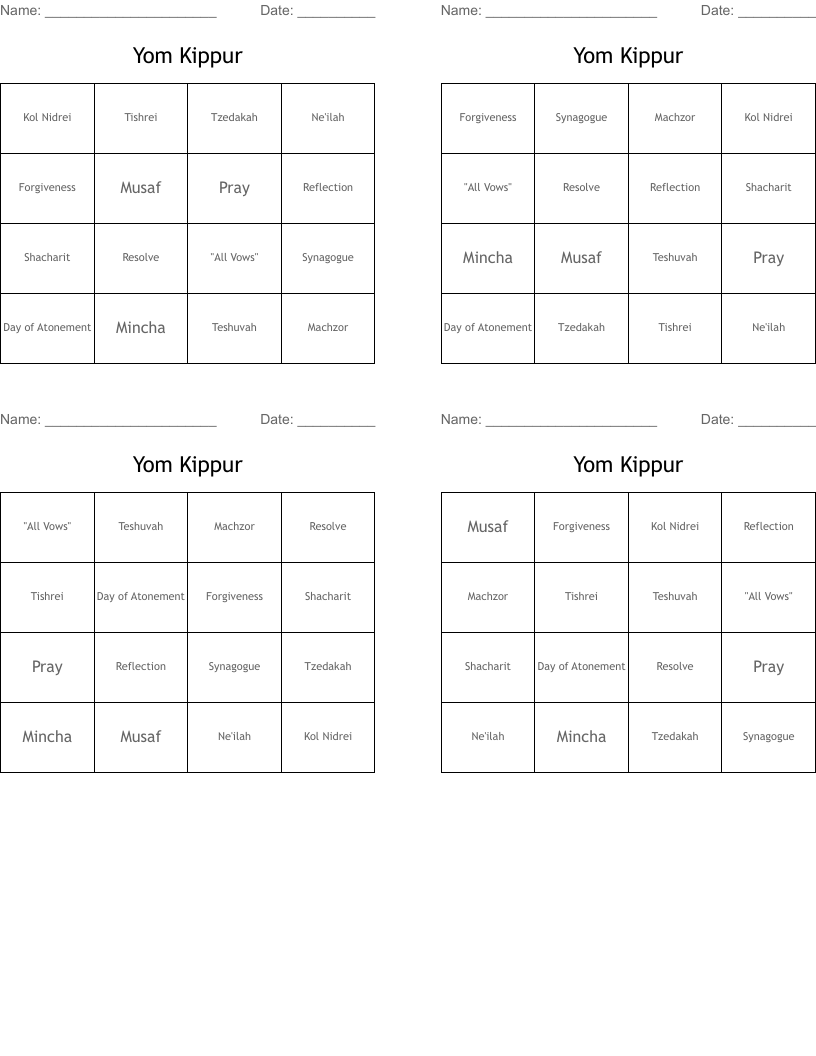 Yom Kippur Bingo Cards