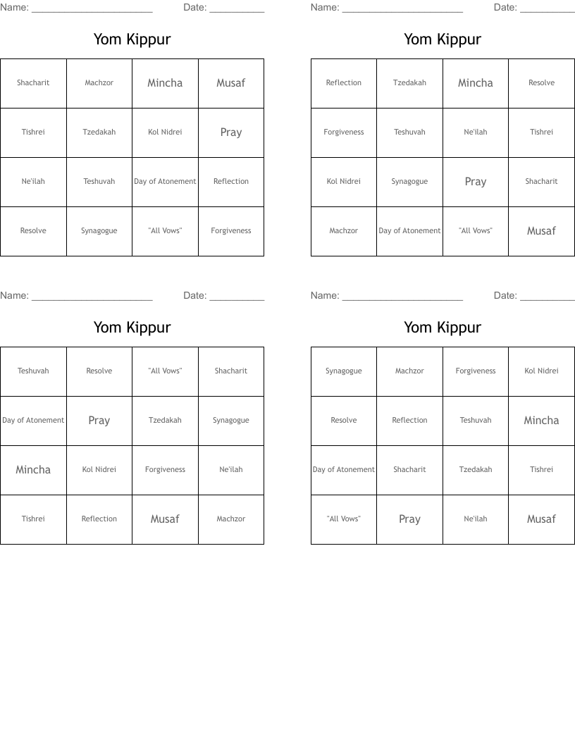 Yom Kippur Bingo Cards