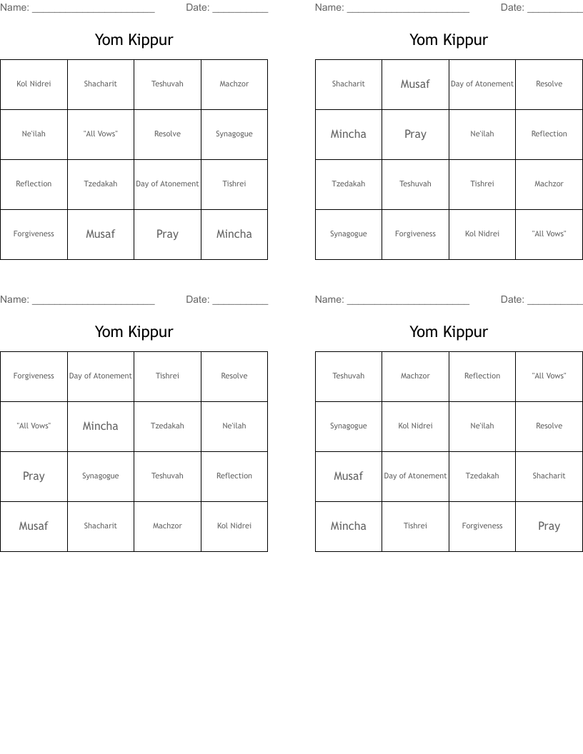 Yom Kippur Bingo Cards