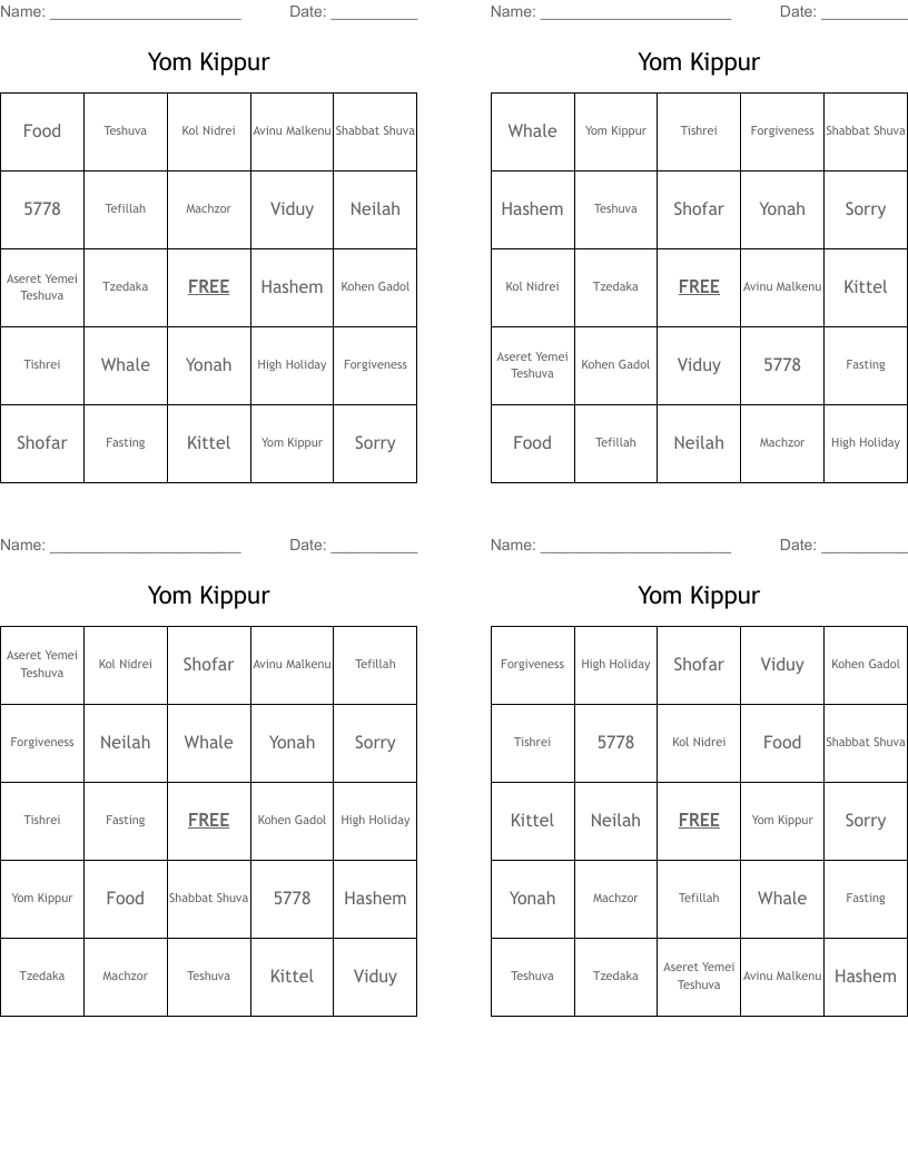 Yom Kippur Bingo Cards