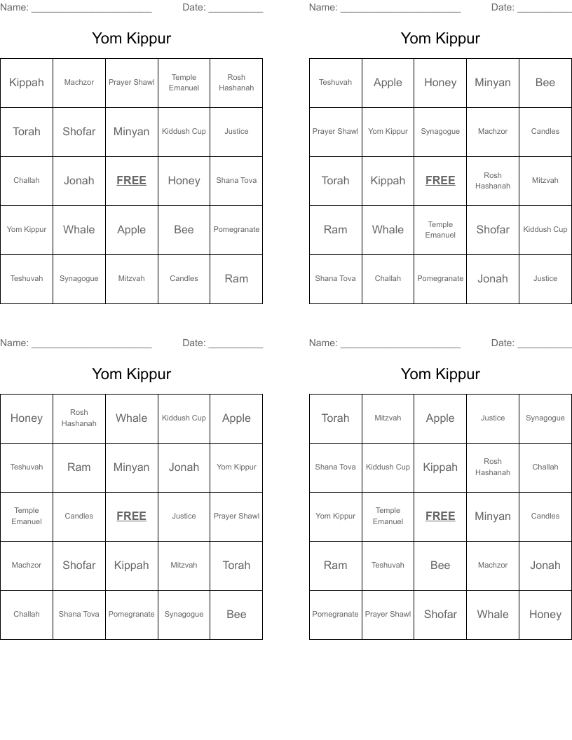 Yom Kippur Bingo Cards