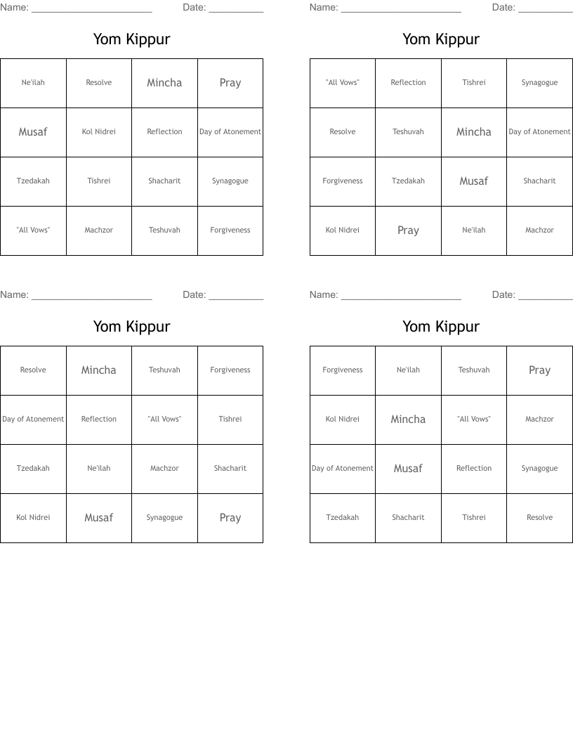 Yom Kippur  Bingo Cards