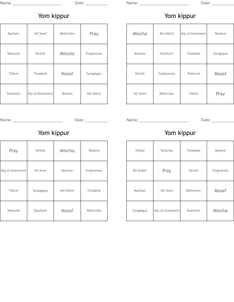 Yom kippur Bingo Cards