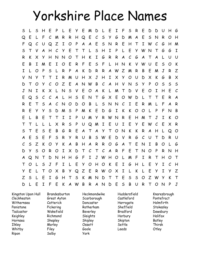 Yorkshire Place Names Word Search