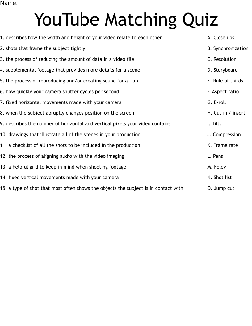 YouTube Matching Quiz Worksheet
