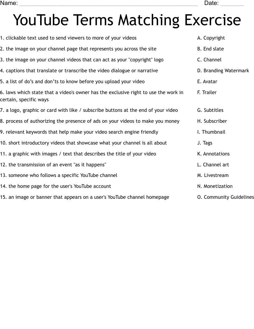 YouTube Terms Matching Exercise Worksheet
