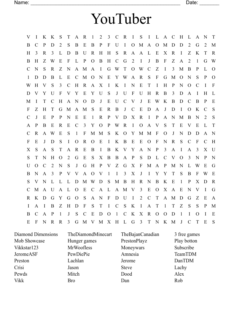 YouTuber  Word Search