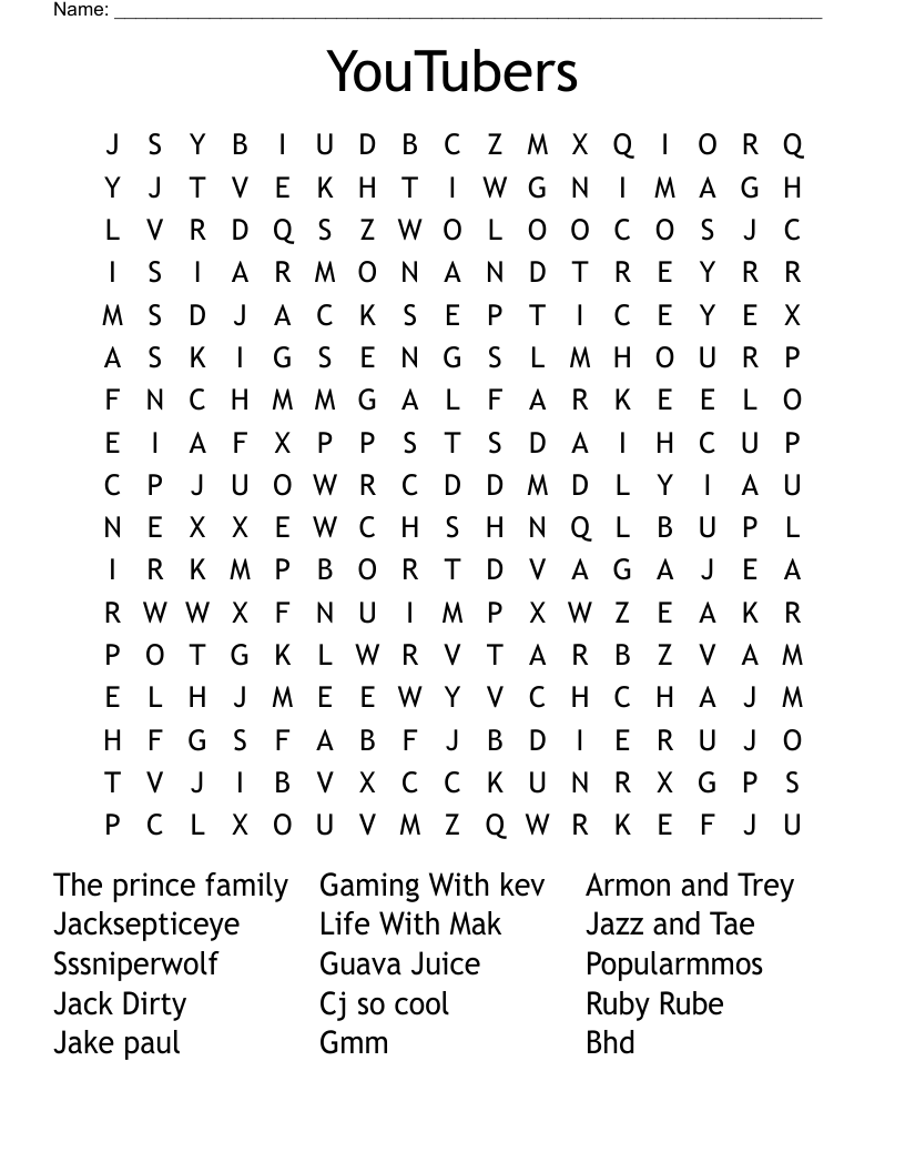 YouTubers Word Search