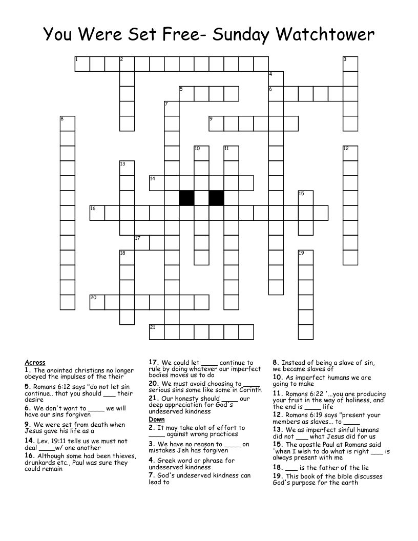 You Were Set Free- Sunday Watchtower Crossword