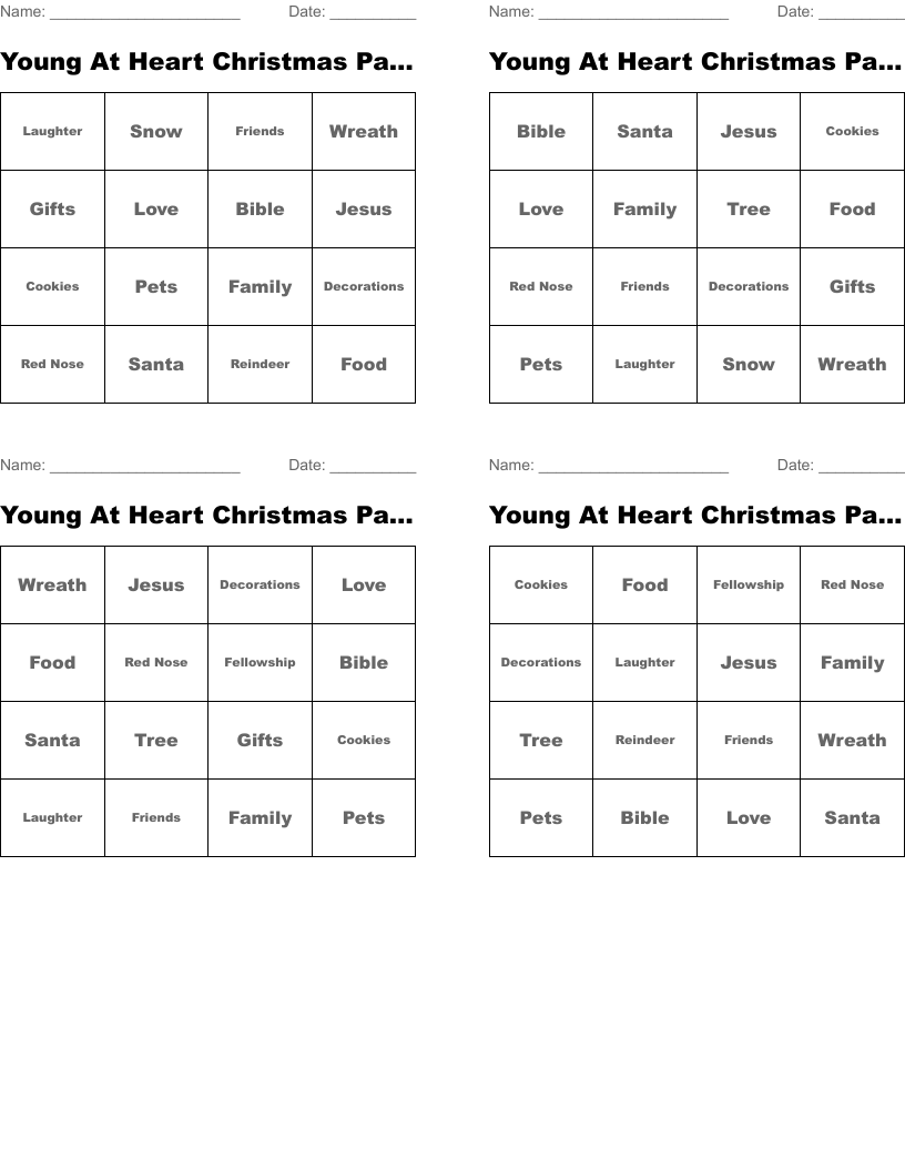 Young At Heart Christmas Party Bingo Cards