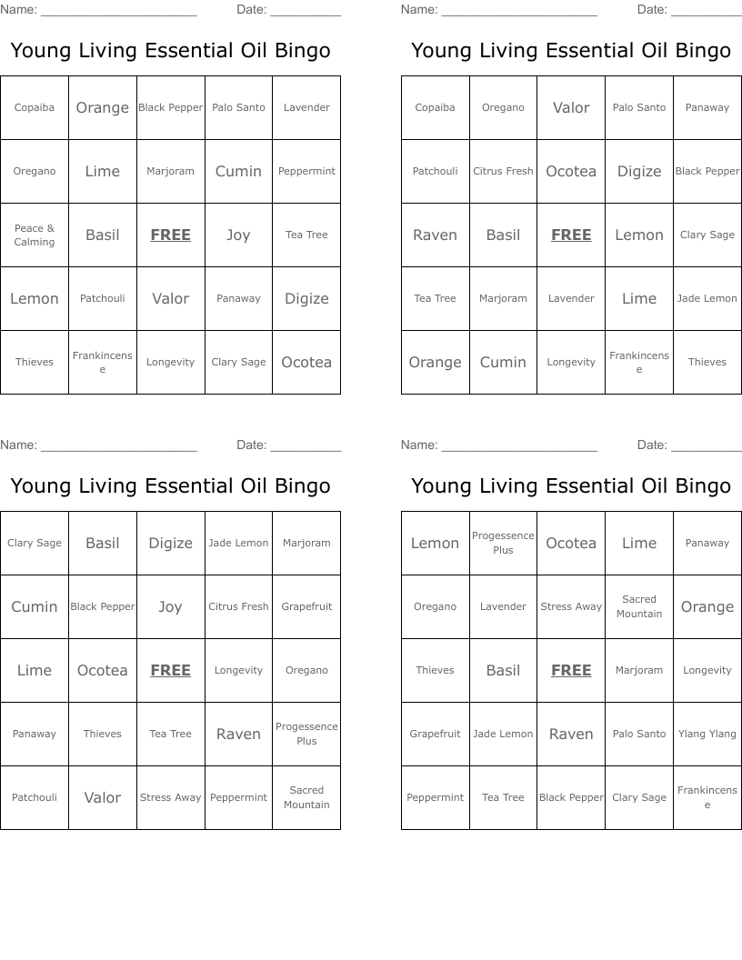 Young Living Essential Oil Bingo
