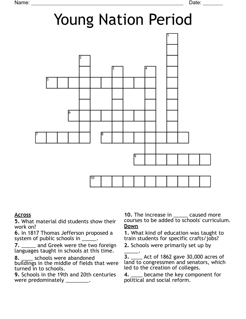 Young Nation Period Crossword