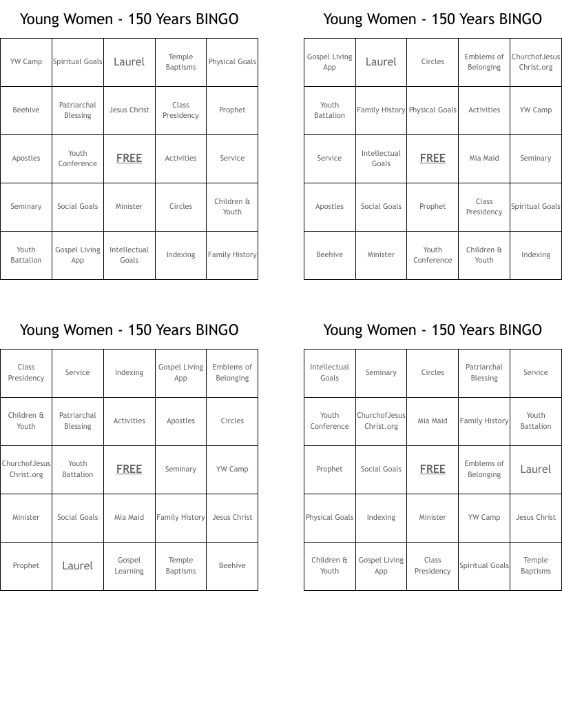 Young Women - 150 Years BINGO