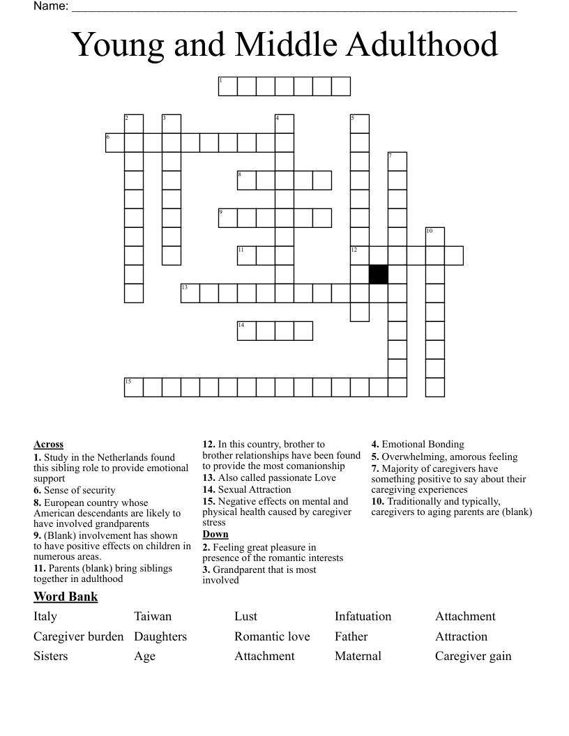 Young and Middle Adulthood Crossword