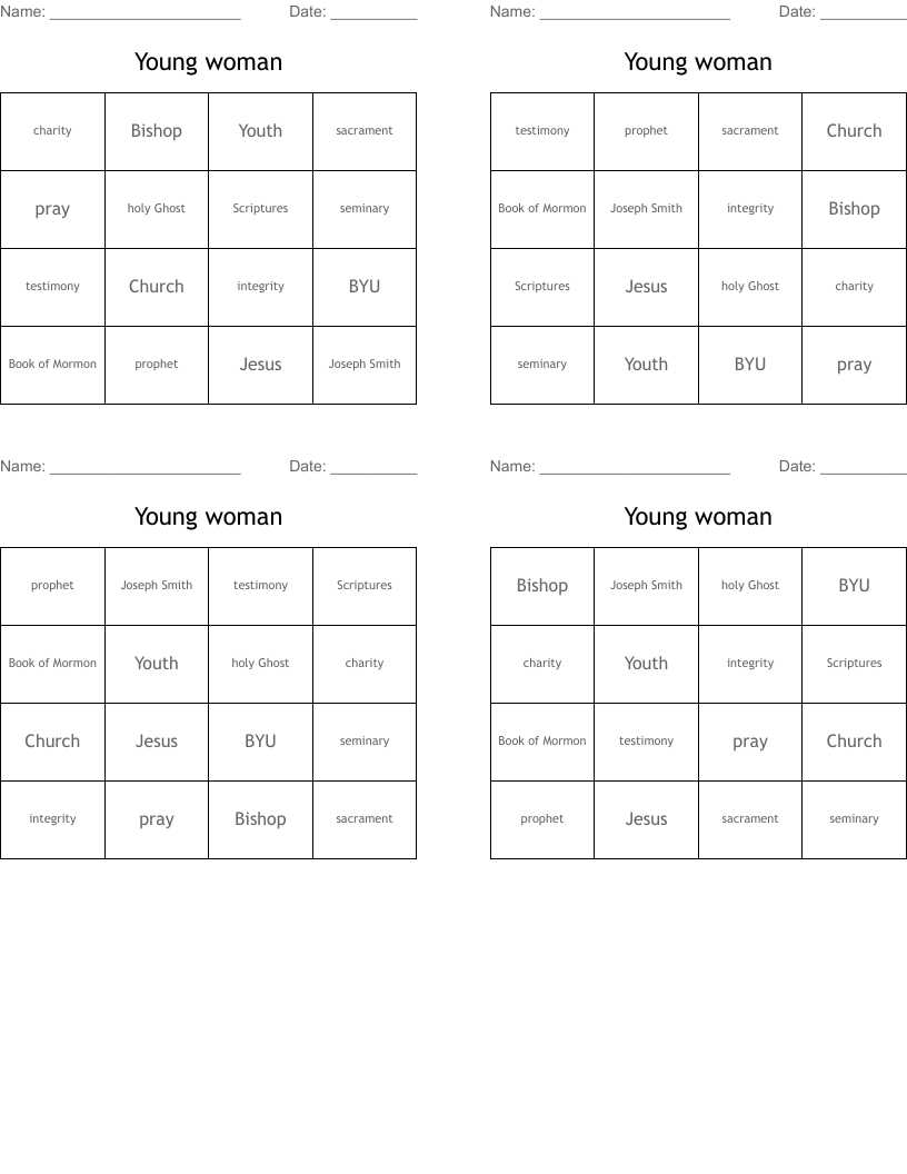 Young woman  Bingo Cards