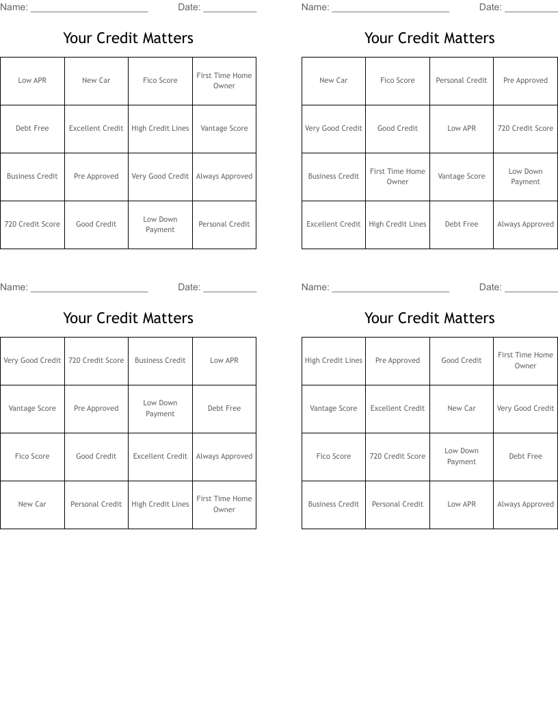 Your Credit Matters Bingo Cards