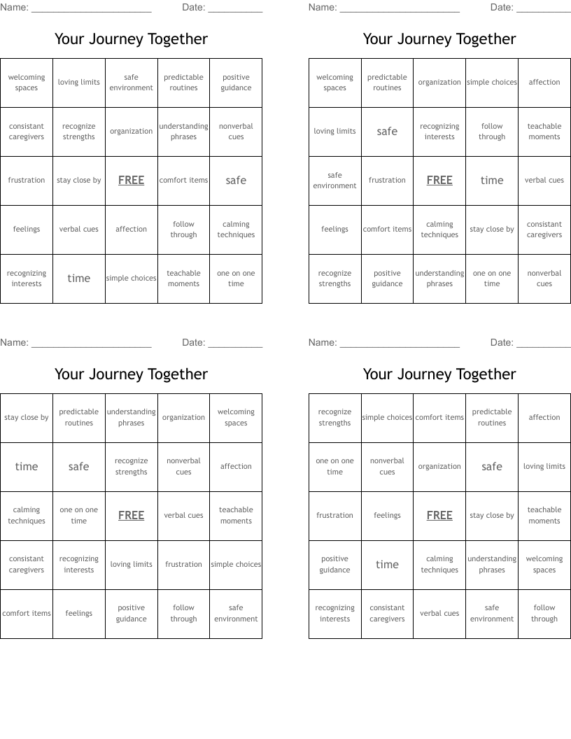 Your Journey Together Bingo Cards