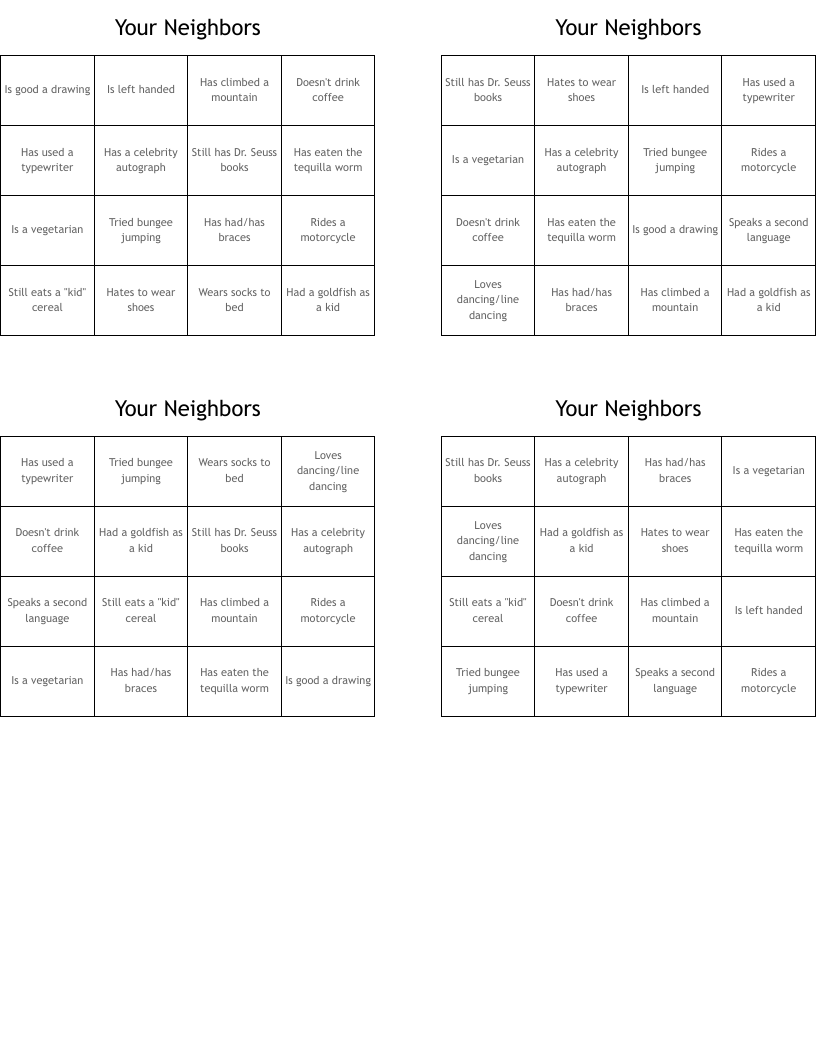 Your Neighbors Bingo Cards